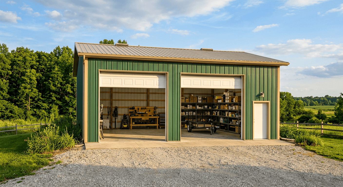 The 44x38 flex space pole barn with tall 12-foot overhead doors at The Stored Nut Hut