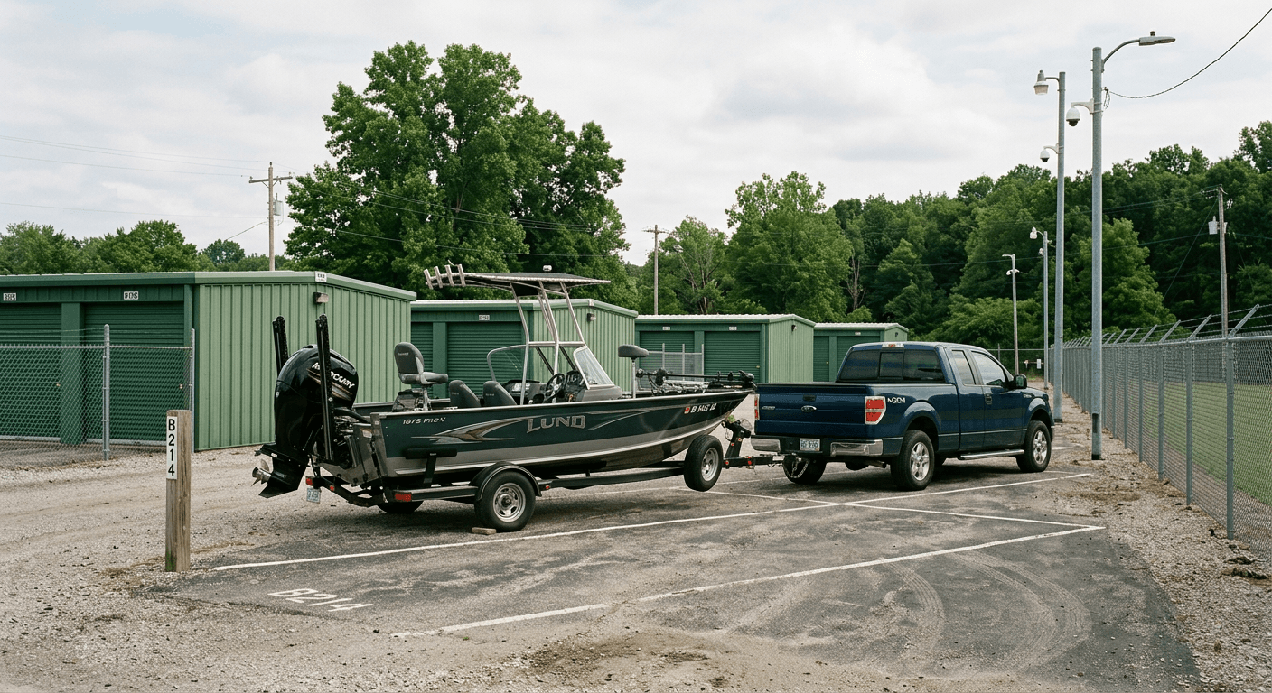 Boat on a trailer parked in an assigned 40-foot outdoor space at The Nut Hut