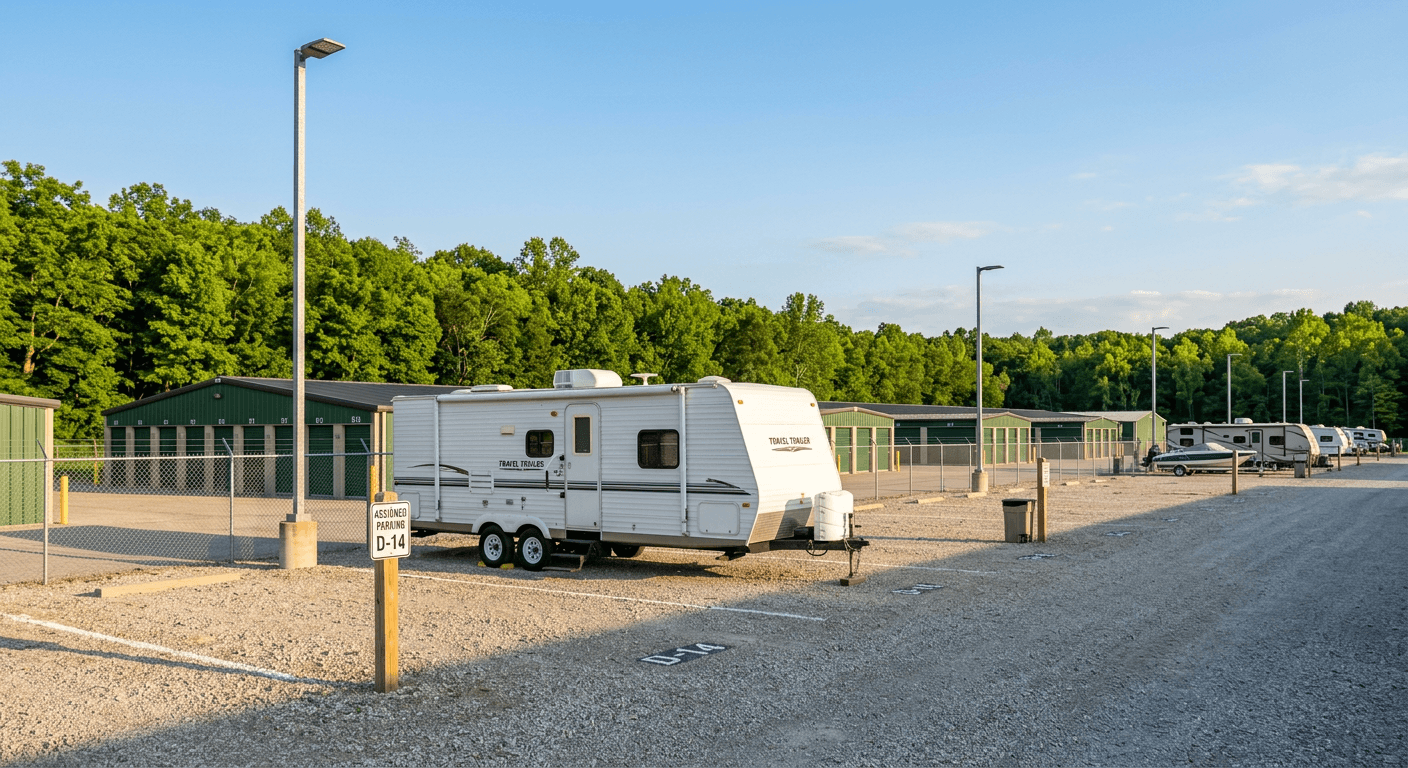 Travel trailer camper parked in an assigned 40-foot space at The Nut Hut