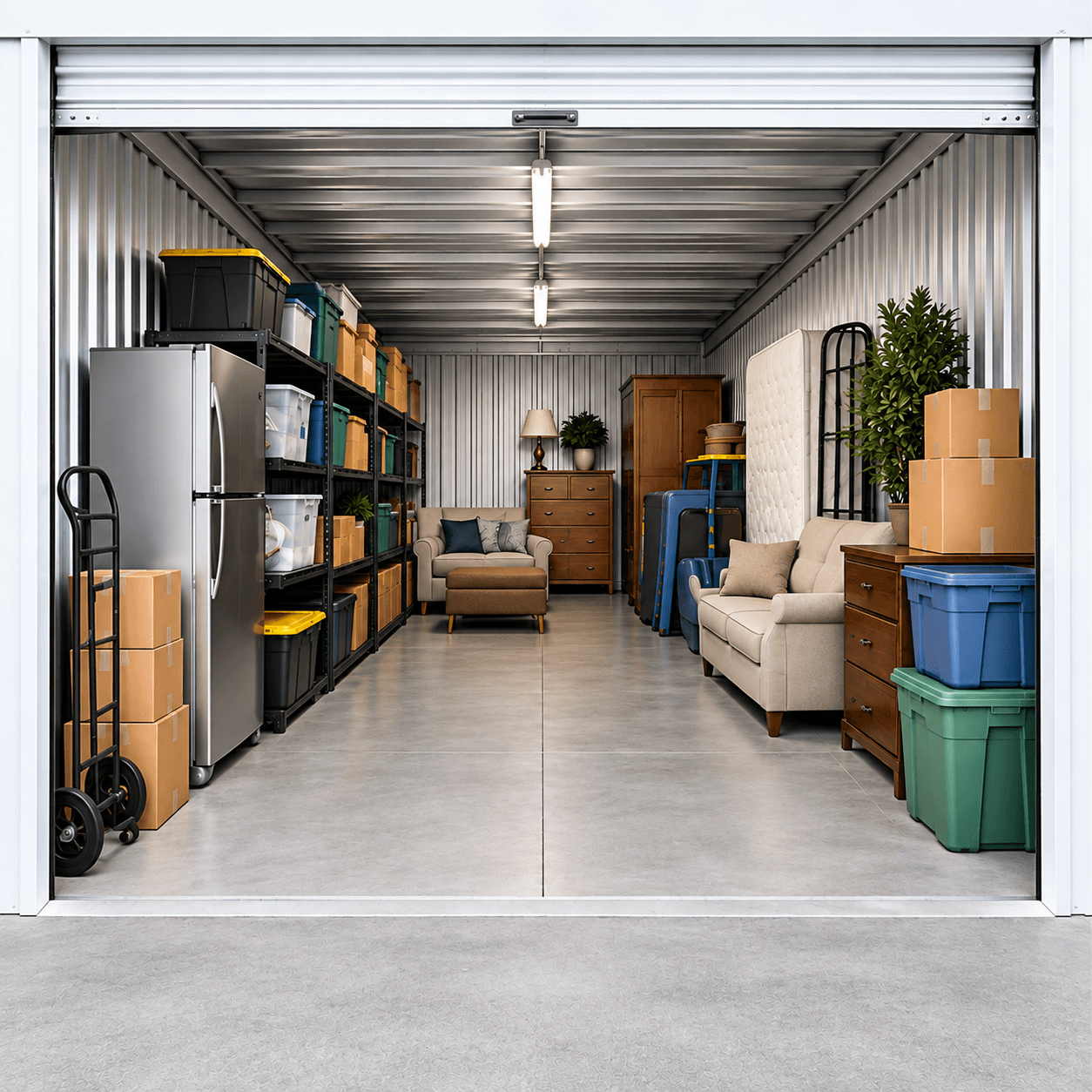 An open storage unit holding furniture, boxes, and storage bins