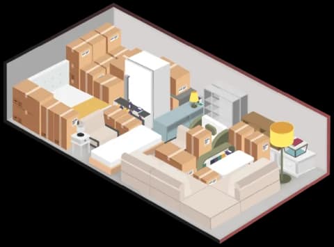 Illustration of a 10x20 storage unit holding the furniture and boxes of a multi-room household