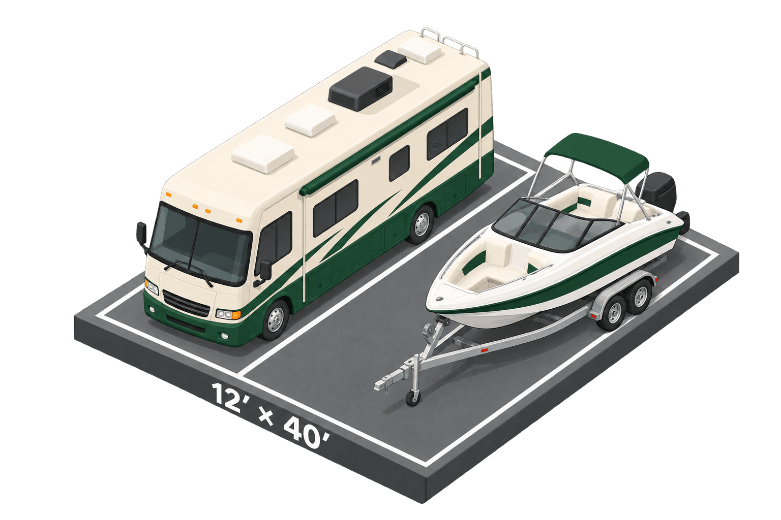 Illustration of 12x40 parking spaces with an RV and a boat on a trailer